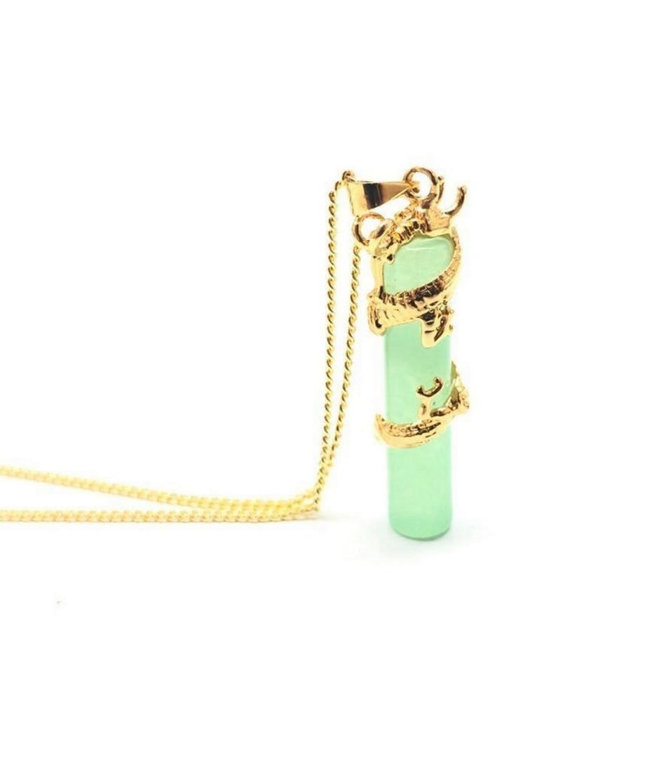 Yellow Gold Plated Dragon Coil Natural Light Green Pillar Pendant With 925 Stamped Chain: Yellow Gold Plated Dragon Coil Natural Light Green Pillar Pendant With 925 Stamped Chain. View Photos For More Details.