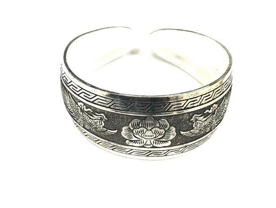 Tibetan Silver Floral & Pheonix Decorated Bangle: Tibetan Silver Floral & Phoenix Decorated Bangle. The Phoenix, In The Culture Of China, The King Of All Birds Of High Virtue And Grace. View Photos For More Details.