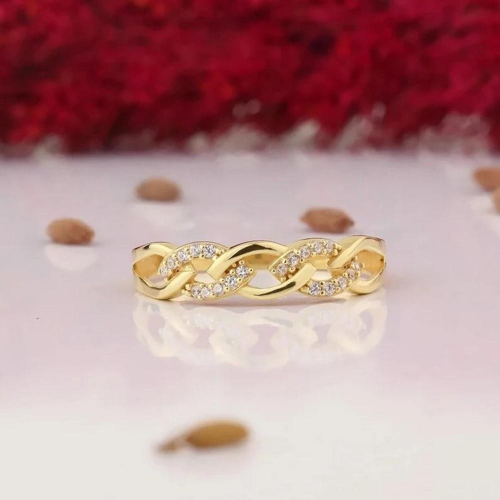 14K Solid Gold Braid Ring with Round Cut Cubic Zirconia - 2