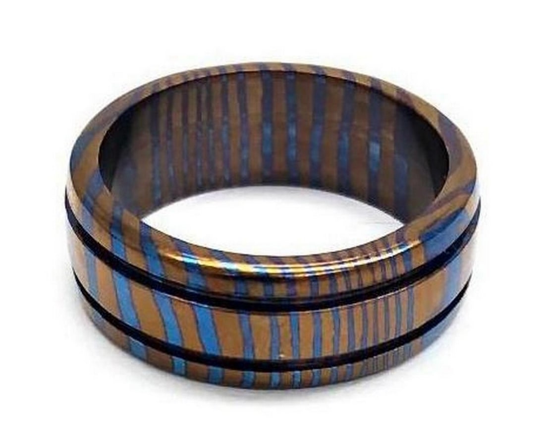 Men's Grooved Dammascus Titanium Ring - 2