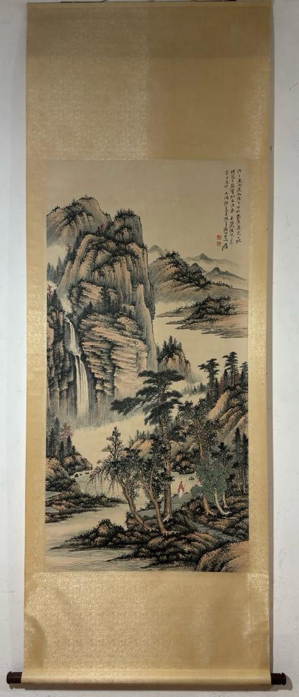 Chinese Brush Handpainting on Paper Scroll Inspired by Zhang Daqian: Chinese Brush Handpainting on Paper Scroll Inspired by Zhang Daqian An inspired Chinese brush handpainting on paper scroll, bearing the mark of Zhang Daqian. In Chinese culture, landscape paintings o