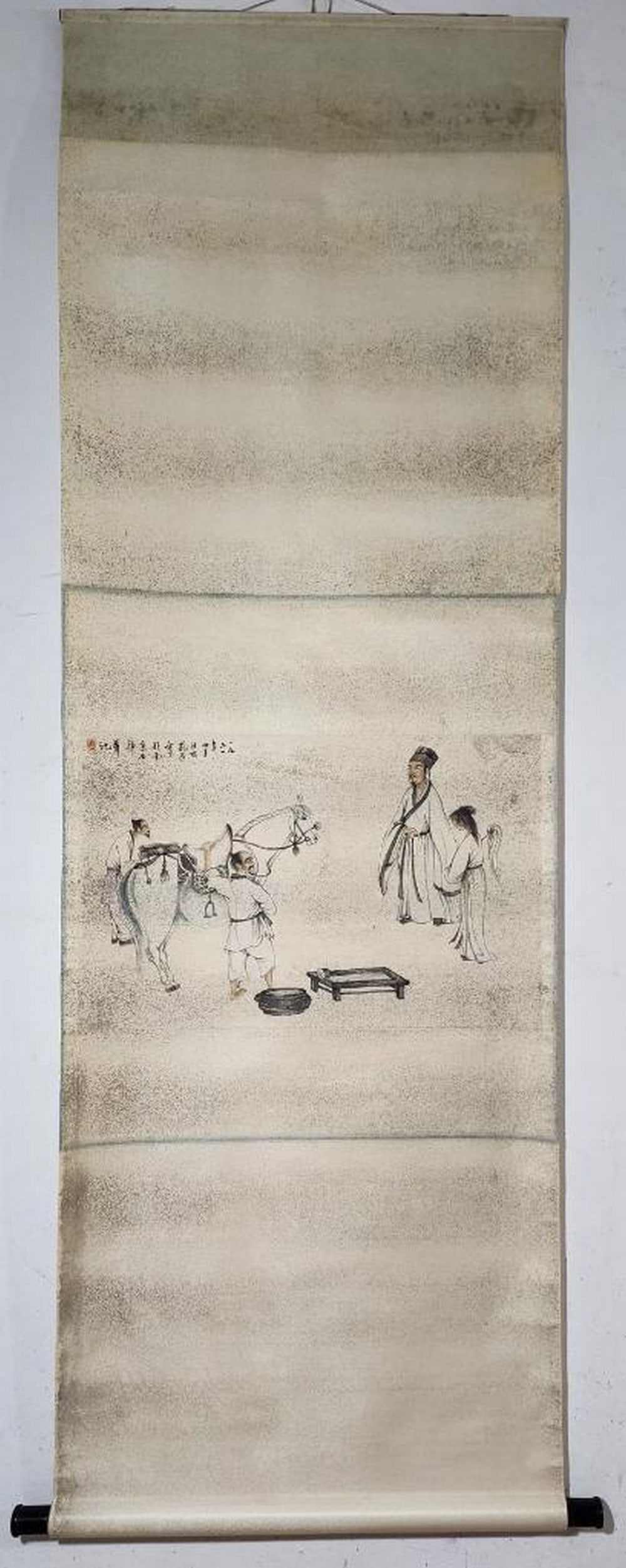 Inspired Chinese Brush Handpainting on Paper Scroll Bearing the Mark of Fu Baoshi: Inspired Chinese Brush Handpainting on Paper Scroll Bearing the Mark of Fu Baoshi An inspired Chinese brush handpainting on paper scroll, bearing the mark of Fu Baoshi. The artwork, also known as 