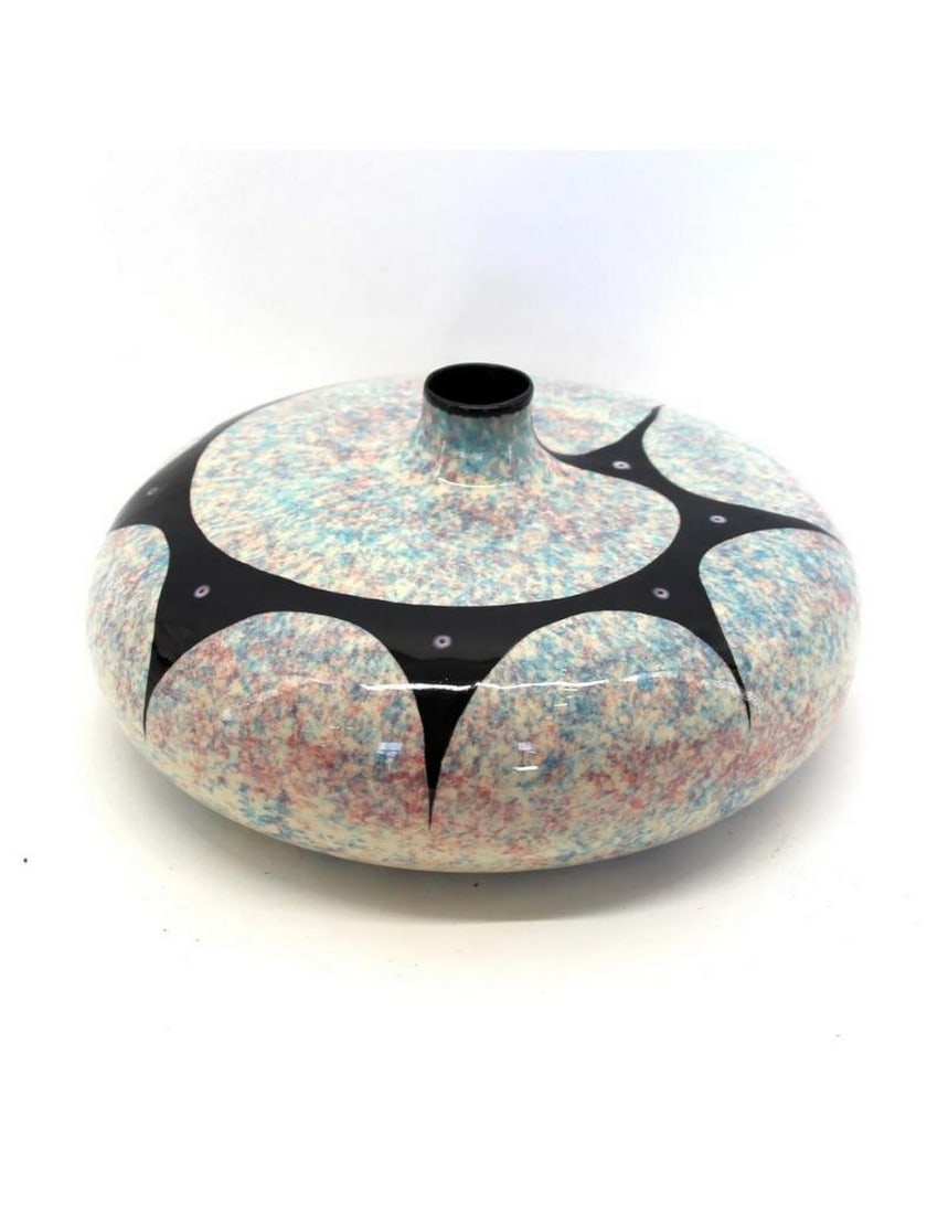 Multicolor Buffalo Pottery Vase by Veran Pardeahtan: Multicolor Buffalo Pottery Vase by Veran Pardeahtan Veran's Ceremonial Black Rim Pottery designs are unique expressions of the rich heritage of North American Indigenous culture. The symbols, oft