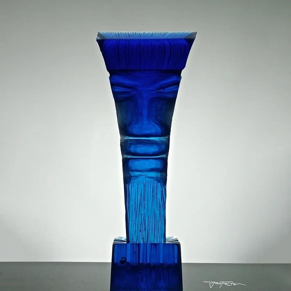 Waterfall' Glass Sculpture by Jan Falta: 'Waterfall' Glass Sculpture by Jan Falta Waterfall is a captivating aqua glass sculpture, where Jan’s exceptional talent is evident in the creation of this dramatic piece. A powerful face d