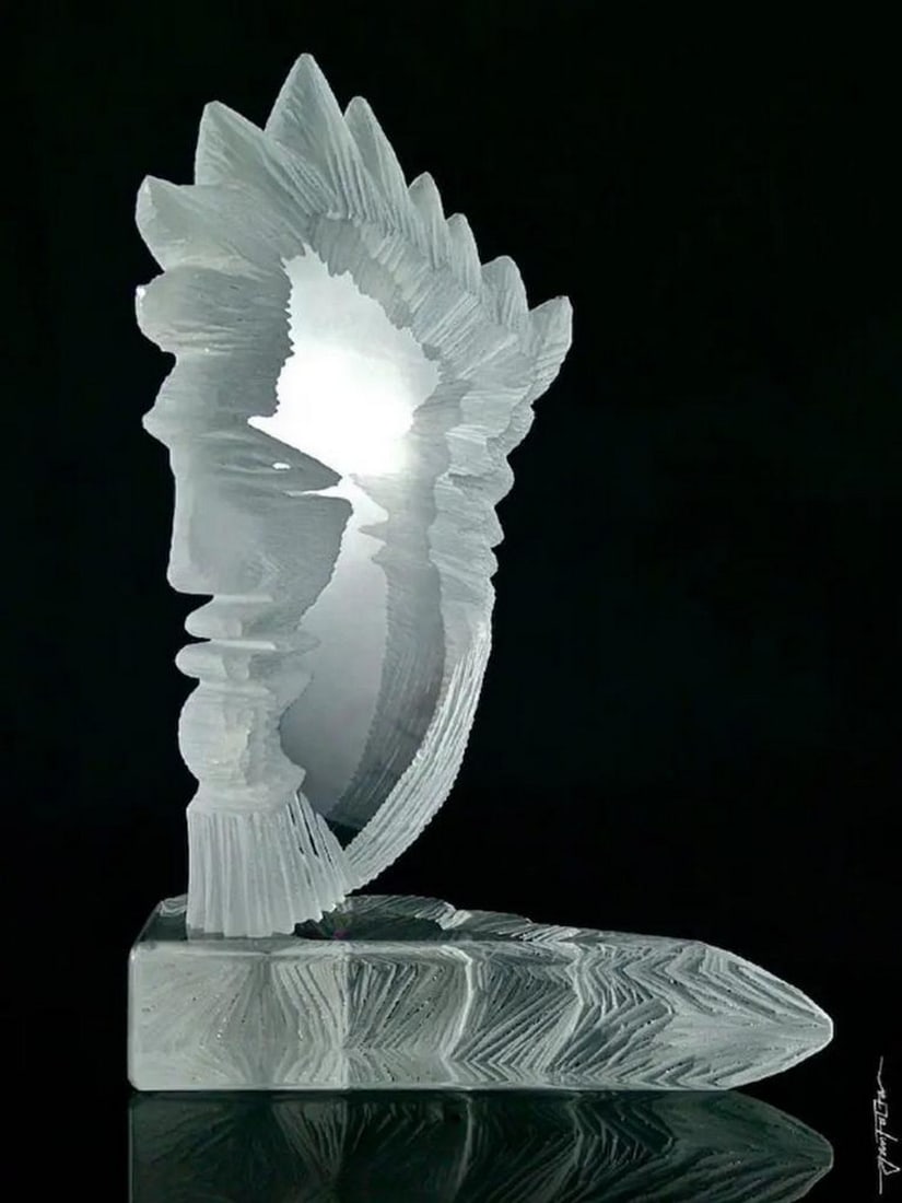 Tribal Chief' Cold Glass Sculpture by Jan Falta: 'Tribal Chief' Cold Glass Sculpture by Jan Falta Jan Falta showcases his expertise in cold glass sculpture with Tribal Chief, a solemn figure gazing over his tribe. Meticulously ground detai