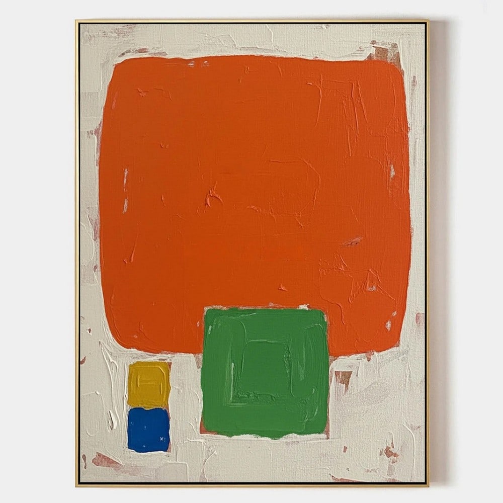 Geometry of Silence Canvas Painting: Geometry of Silence Canvas Painting A red-orange square dominates the canvas like a sun caught mid-descent—irregular, radiant, and resolute. Beneath it, a green square hovers quietly, while two slen