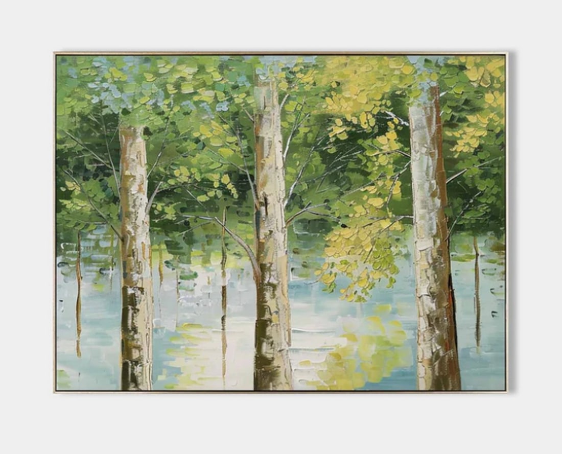 "Tranquil Forest Reflection" Landscape Art Painting: "Tranquil Forest Reflection" Landscape Art Painting This serene forest scene captures tall trees standing in shallow water, their foliage displaying a blend of green and yellow hues, hinting a