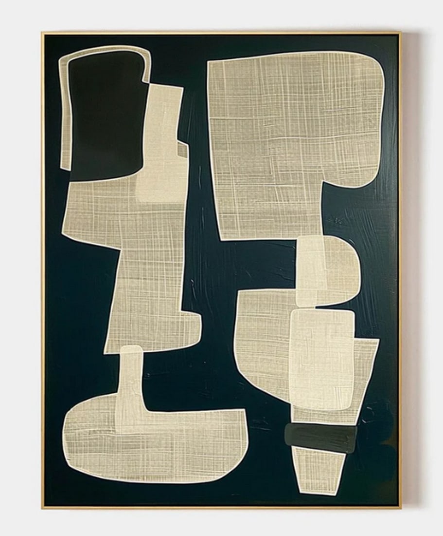 Abstract Forms in Contrast Canvas Painting: Abstract Forms in Contrast Canvas Painting This painting presents a dynamic interplay of irregular geometric shapes in beige and black, set against a deep blue background. The composition creates a se