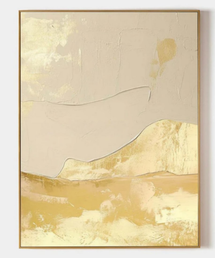 Golden Horizon Textured Abstract Canvas Painting: Golden Horizon Textured Abstract Canvas Painting An abstract fusion of light and texture, Golden Horizon captures the serene balance between calm neutrals and radiant golds. The textured upper expans