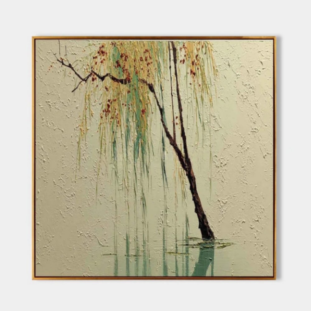 Whispers of the Willow Canvas Painting: Whispers of the Willow Canvas Painting This tranquil artwork features a delicate willow tree, its golden-yellow leaves trailing like gentle whispers across a muted beige sky. The tree leans gracefull