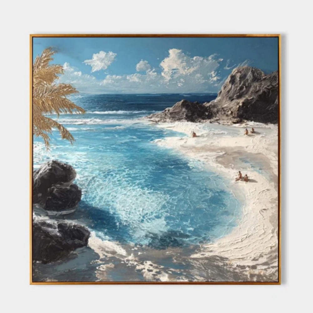 Seaside Reverie Canvas Painting: Seaside Reverie Canvas Painting This dreamy painting captures a slice of tropical paradise, where a white sand beach meets a sparkling aquamarine sea. A lone palm tree leans gently into the compositi