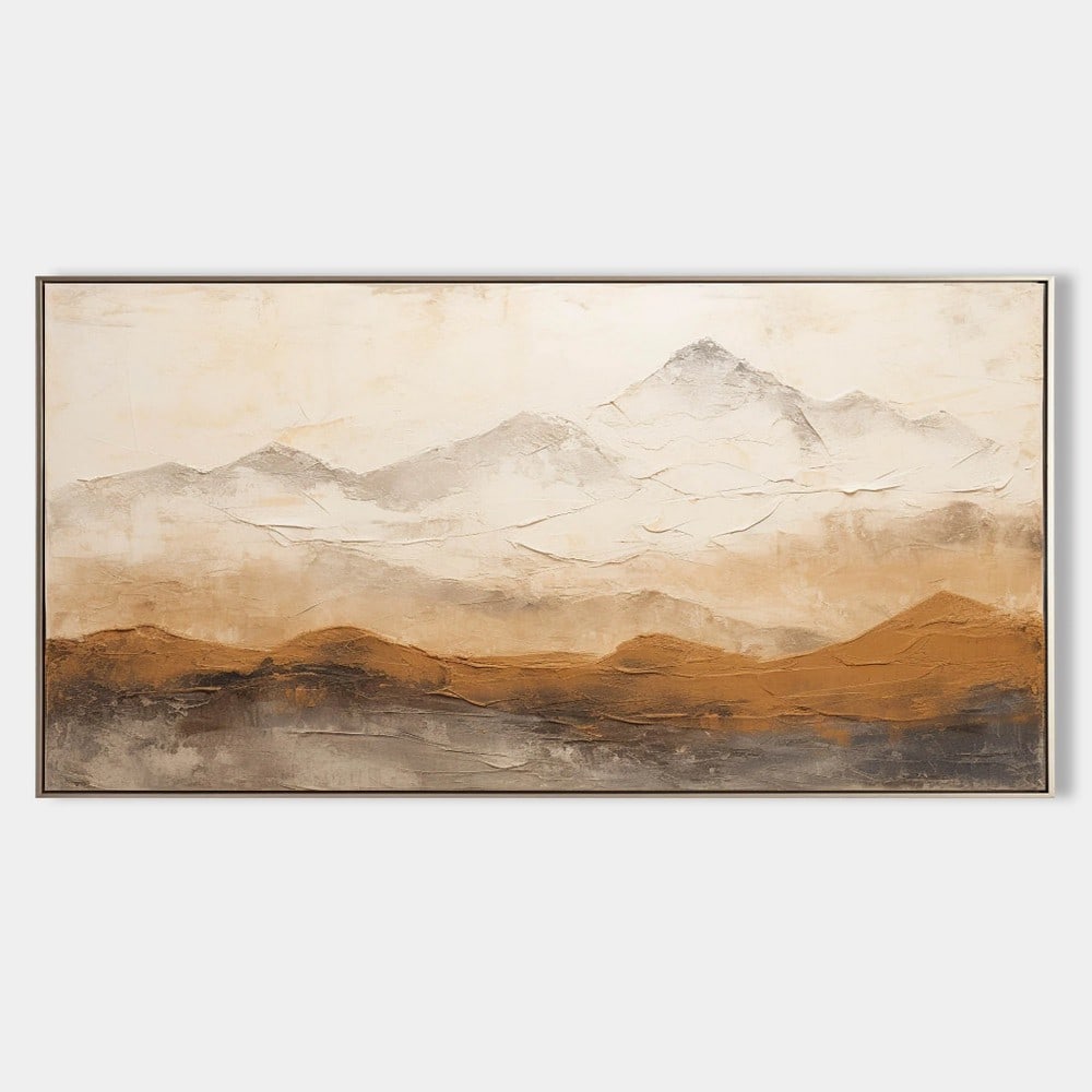 Plaster Art Wabi-Sabi Mountain Painting: Plaster Art Wabi-Sabi Mountain Painting This plaster art painting embraces the Wabi-Sabi philosophy, depicting a serene mountain landscape with textured layers and organic imperfections. Earthy tones