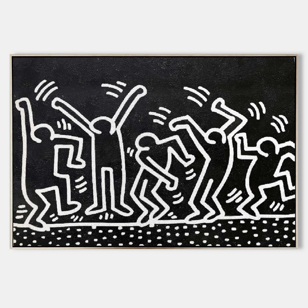 Dance Party Keith Haring Inspired Pop Art Canvas Painting: Dance Party Keith Haring Inspired Pop Art Canvas Painting Add energy to your space with the Dance Party Pop Art Canvas, inspired by Keith Haring. Bold colors and dynamic figures bring vibrant movemen