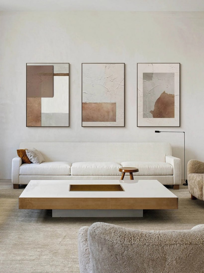 Set of 3 3D Minimalist Earth Tone Abstract Canvas Painting: Set of 3 3D Minimalist Earth Tone Abstract Canvas Painting The Set of 3 3D Minimalist Earth Tone Abstract canvas paintings feature a harmonious blend of earthy tones and textured layers, creating dep