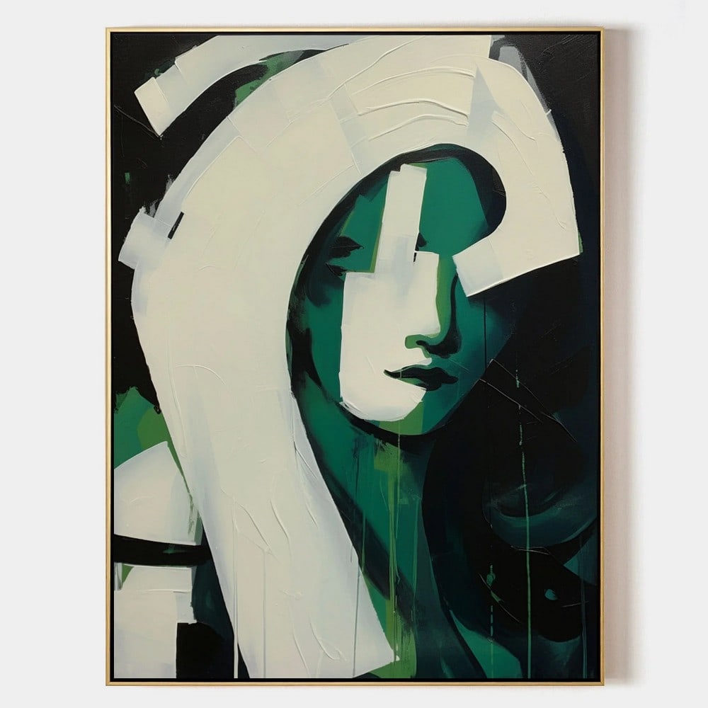 Nameless Woman Portrait Green Abstract Contemporary Canvas Painting: Nameless Woman Portrait Green Abstract Contemporary Canvas Painting The Nameless Woman portrait captivates with its abstract, green-hued composition, blending fluid brushstrokes and enigmatic feature