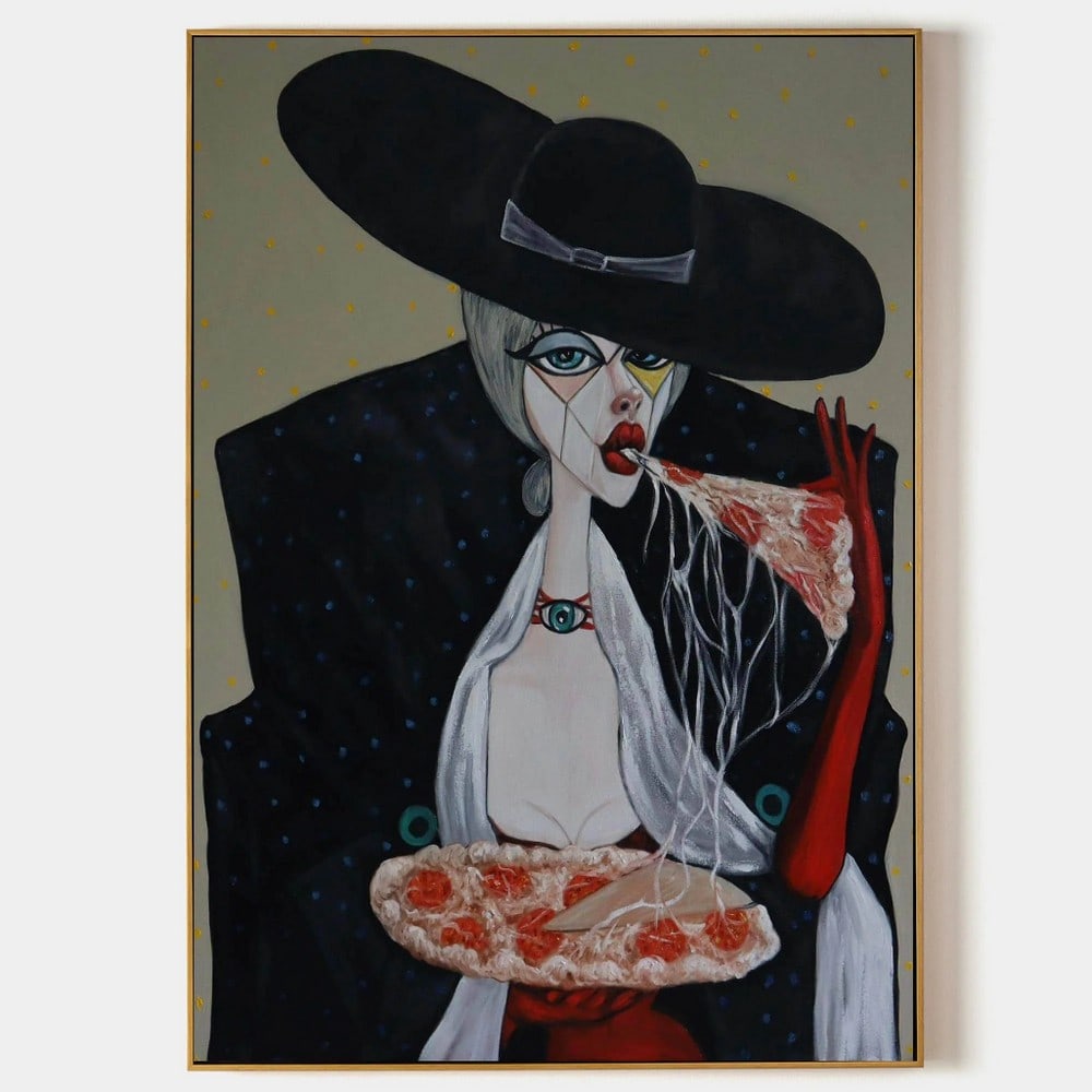 Madame Eating Pizza Pop Art Canvas Original Painting: Madame Eating Pizza Pop Art Canvas Original Painting "Madame Eating Pizza" is a playful pop art canvas painting featuring a stylish woman enjoying a slice of pizza. Colors and dynamic lines c