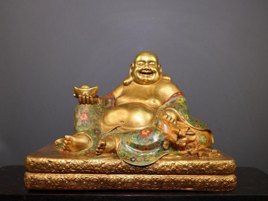 Antique Chinese Cloisonné Enamel Maitreya Buddha Statue: Antique Chinese Cloisonné Enamel Maitreya Buddha Statue A rare and masterfully handcrafted Maitreya Buddha statue, made from pure copper and adorned with vibrant cloisonné enamel detailing. This ex