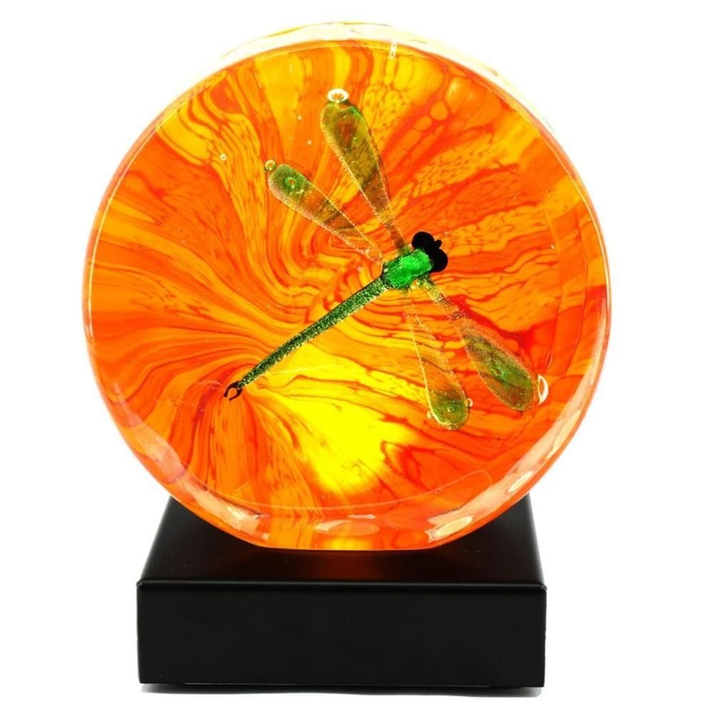 Murano Glass Sommerso Dragonfly Sculpture with LED Base: Murano Glass Sommerso Dragonfly Sculpture with LED Base This sculpture is crafted from Murano glass using the sommerso technique, featuring a dragonfly form encased within layered transparent and colo