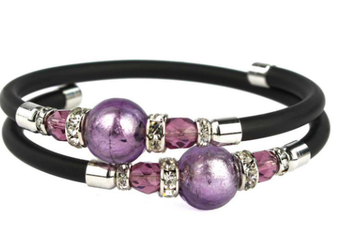 Comet Purple Bracelet - With Silver Leaf - Authentic Murano Glass: Comet Purple Bracelet - With Silver Leaf - Authentic Murano Glass This bracelet is crafted using the lampworking technique, with each bead individually formed. The molten glass beads are embellished