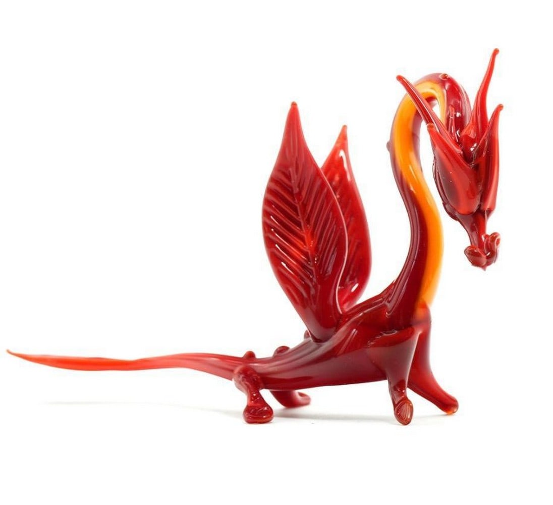 Murano Glass Red Dragon Figurine: Murano Glass Red Dragon Figurine Beautiful figurine made of murano glass perfect to add some fun and colour to an office, on a desk or in any room! Dimensions: 3.9"W x 2.3"H View Photos For
