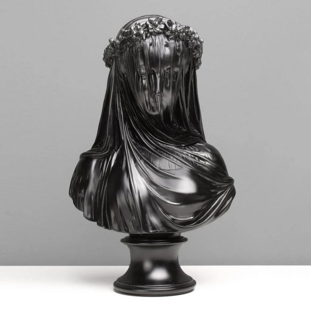 Veiled Lady Bust Sculpture in Black - Reproduction of "Veiled Vestal" by Monti, 1875 - (15lbs): Veiled Lady Bust Sculpture in Black - Reproduction of "Veiled Vestal" by Monti, 1875 - (15lbs) Bring the timeless elegance of the antique masterpiece "Veiled Vestal" into your home wit