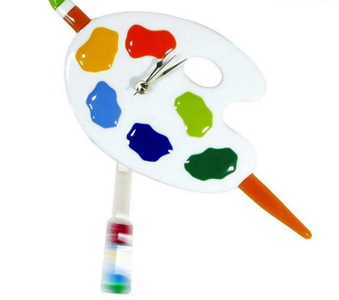 Murano Glass Pendulum Watch with Palette Colors: Murano Glass Pendulum Watch with Palette Colors This vibrant pendulum wall clock is crafted using glass fusing and Millefiori techniques. It adds a cheerful splash of color to any home or office and m