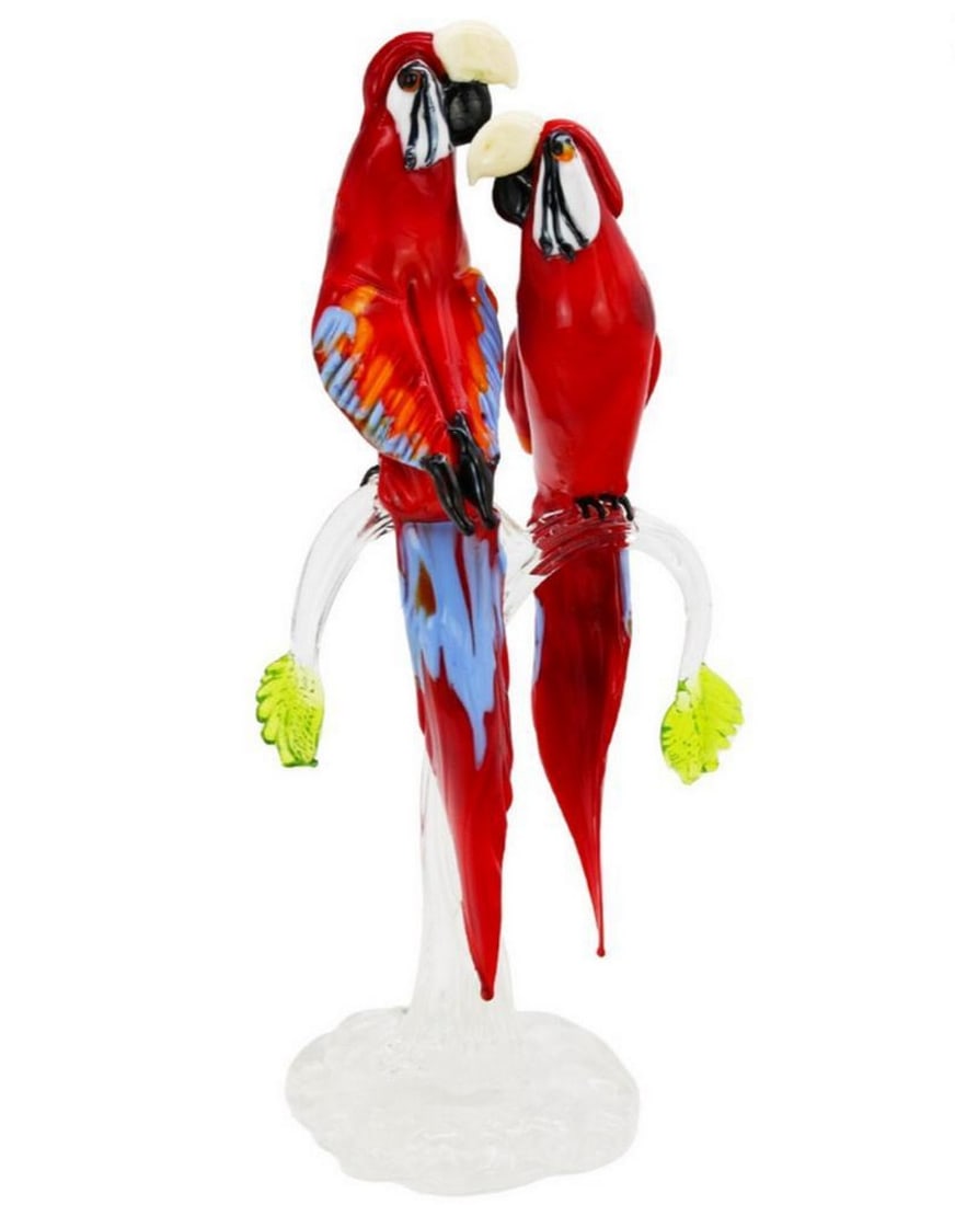 Murano Glass Sculpture – Couple of Parrots on Branch: Murano Glass Sculpture – Couple of Parrots on Branch This exquisite Murano glass sculpture features a pair of gracefully crafted parrots perched on a crystal base, shaped freehand using traditional
