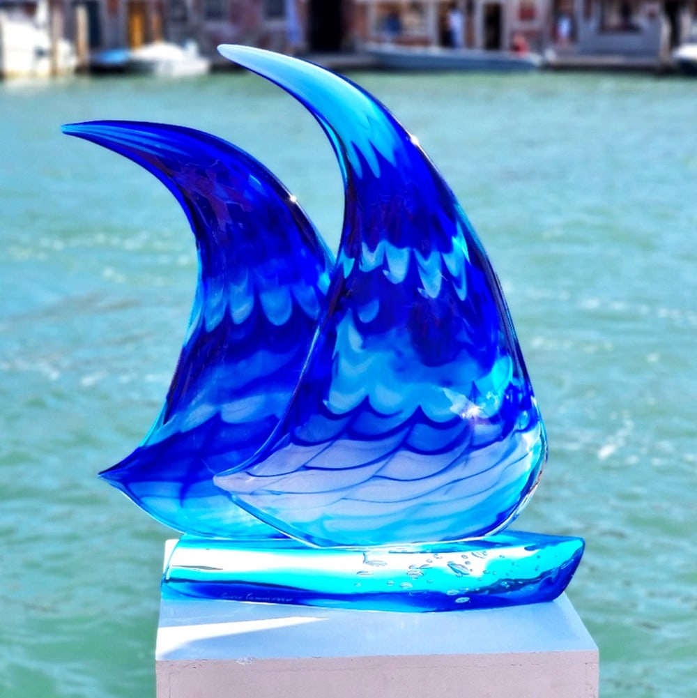 Murano Glass Frozen Sailboat Sculpture - Americas Cup Inspired: Murano Glass Frozen Sailboat Sculpture - Americas Cup Inspired This exceptional glass sculpture depicts a handmade sailing boat crafted using the freehand technique with colored glass. Inspired by th