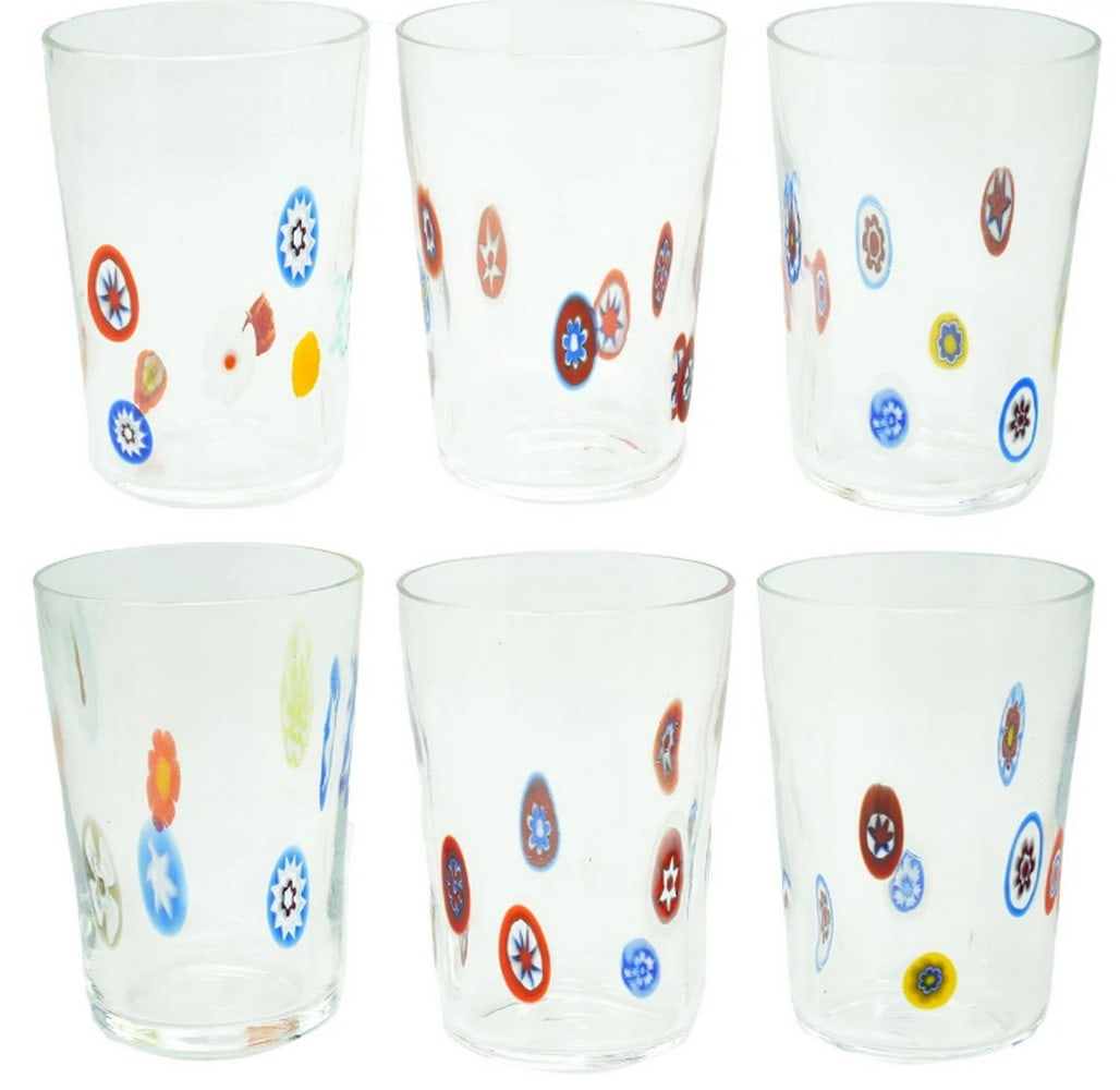 Sorrento Millefiori Drinking Glasses Set of 6 - Murano Glass: Sorrento Millefiori Drinking Glasses Set of 6 - Murano Glass Enhance your table with this set of 6 glasses, hand-blown in Murano glass featuring clear glass and Millefiori designs. Perfect for everyda