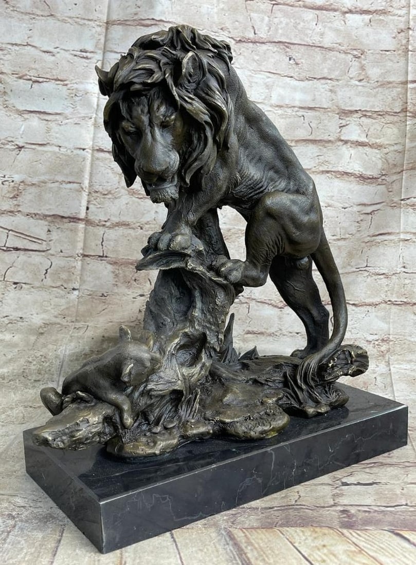 Male Cub & Lion Cub Bronze Sculpture Inspired By Barye - 14.5" x 12": Male Cub & Lion Cub Bronze Sculpture Inspired By Barye - 14.5" x 12" This beautiful family of Lions look adorable, Male Lion stand and paces back and forth on the look out. The little cub