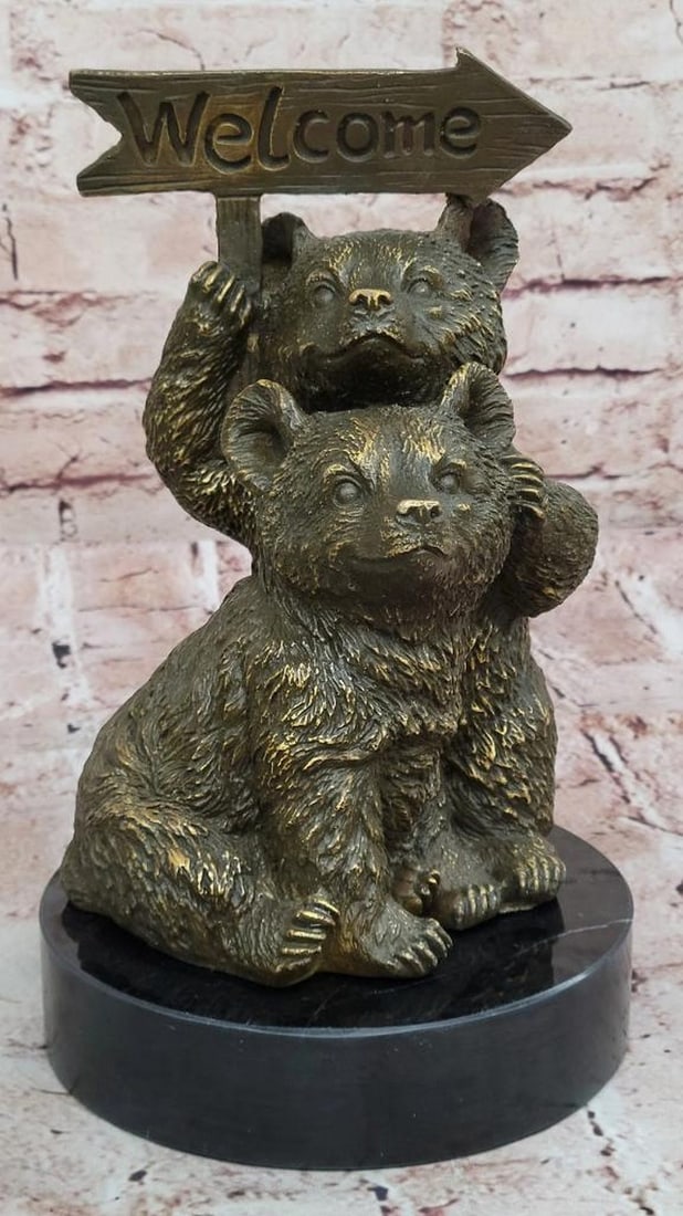 Bearly Home – Welcome Duo, Bronze Sculpture by Miguel Lopez - 10" x 6": Bearly Home – Welcome Duo, Bronze Sculpture by Miguel Lopez - 10" x 6" This charming bronze sculpture titled Bearly Home – Welcome Duo features two adorable bears radiating warmth and pla
