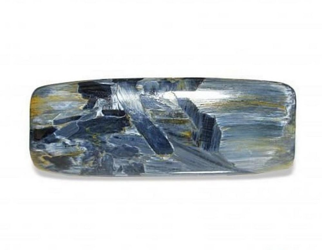 23.52 ct Natural Multicolor Pietersite, Baguette Cabochon, Opaque, Namibia: 23.52 ct Natural Multicolor Pietersite, Baguette Cabochon, Opaque, Namibia Natural pietersite gemstone weighing 23.52 ct, cut in a baguette cabochon shape with a multicolor appearance. The gem measure