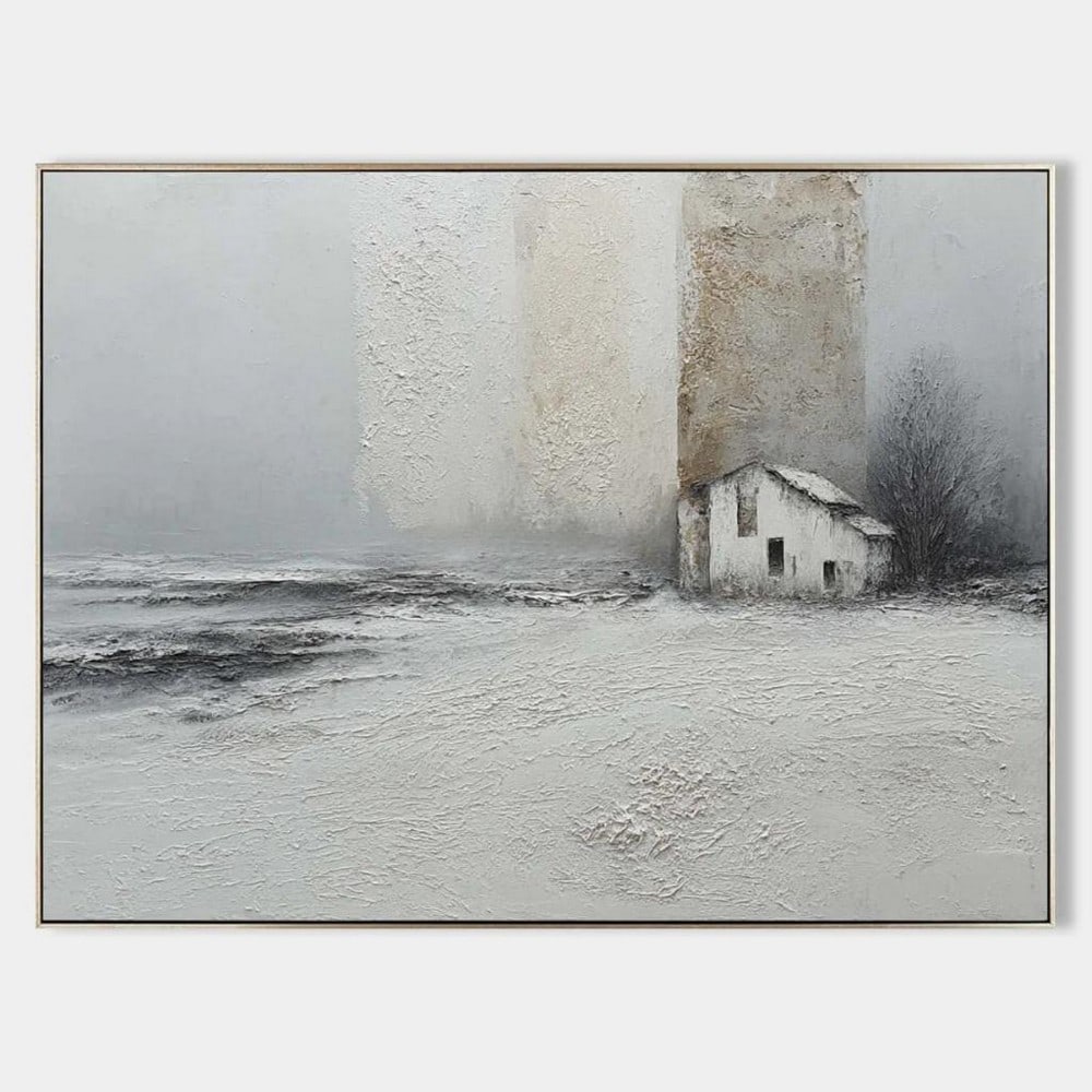 Winter Refuge Textured Landscape Oil Canvas Painting: Winter Refuge Textured Landscape Oil Canvas Painting Bring quiet beauty to your space with Winter Refuge, a textured landscape oil canvas painting that captures the serene isolation of a snowy scene.
