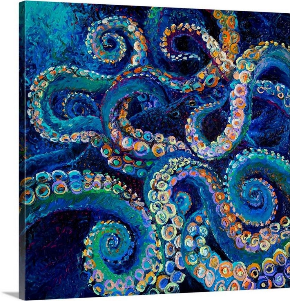 Octopus – Canvas Reproduction by Iris Scott: Octopus – Canvas Reproduction by Iris Scott Octopus showcases Iris Scott’s distinctive contemporary style through the vivid depiction of a blue octopus rendered in bold, expressive color. Known fo