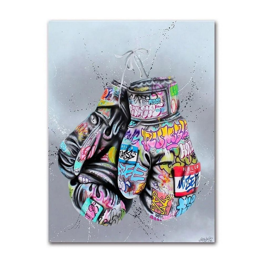 Knockout Art: Knockout Art- This vibrant piece features a pair of boxing gloves adorned with eye-catching graffiti designs, blending bold colors and intricate patterns that embody the spirit of the sport. Ideal for
