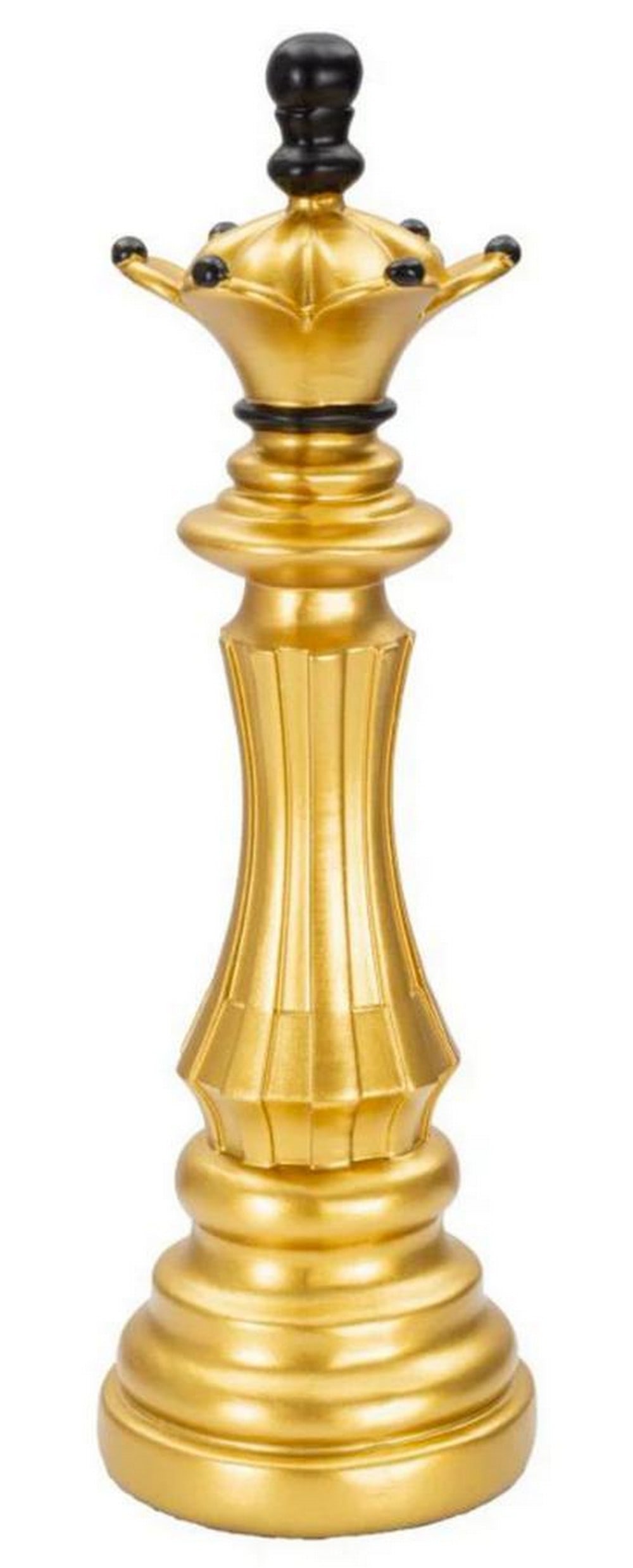Gold and Black Queen Chess Piece Modern Sculpture: Gold and Black Queen Chess Piece Modern Sculpture This exquisite queen chess piece sculpture is crafted in a luxurious gold finish, beautifully complemented by elegant black detailing. The striking