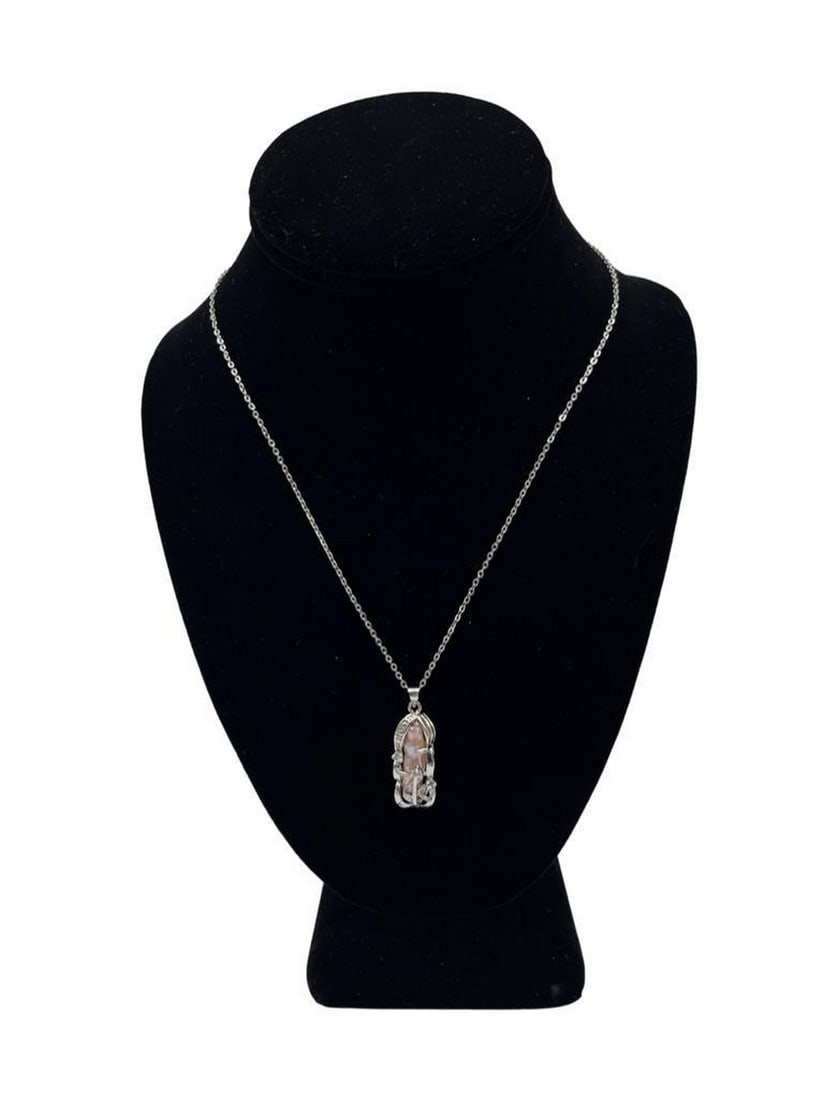 Natural Pink Freshwater Biwa Pearl On Crystal Flower Pendant & Chain Necklace: Natural Pink Freshwater Biwa Pearl On Crystal Flower Pendant & Chain Necklace. The 12mm x 26mm Pink Luster Biwa Freshwater Pearl Is Encased In A Beautifully Crafter Crystal & Flower Pendant.