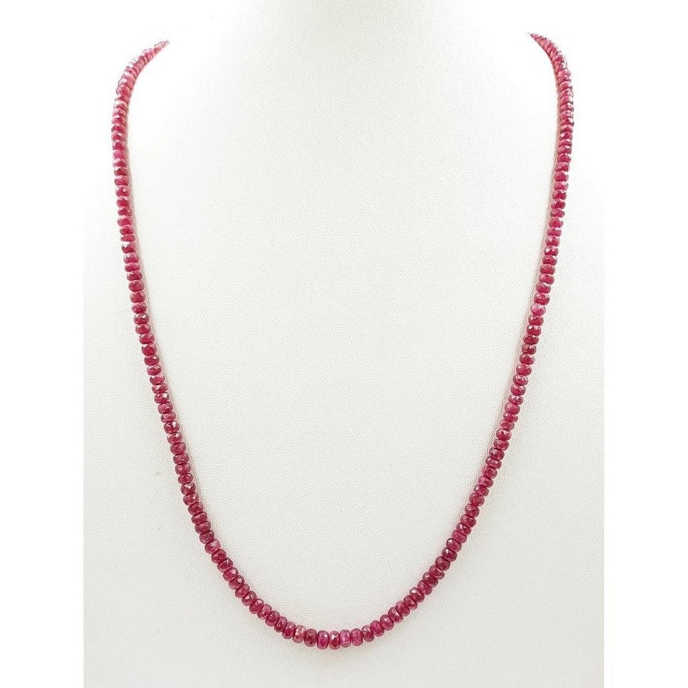 Ruby Faceted Bead String Necklace: Ruby Faceted Bead String Necklace Gemstone Diameter: 3.2mm - 4.6mm Length of Necklace: 45cm Weight in Carats: 78.68 View Photos For Further Details