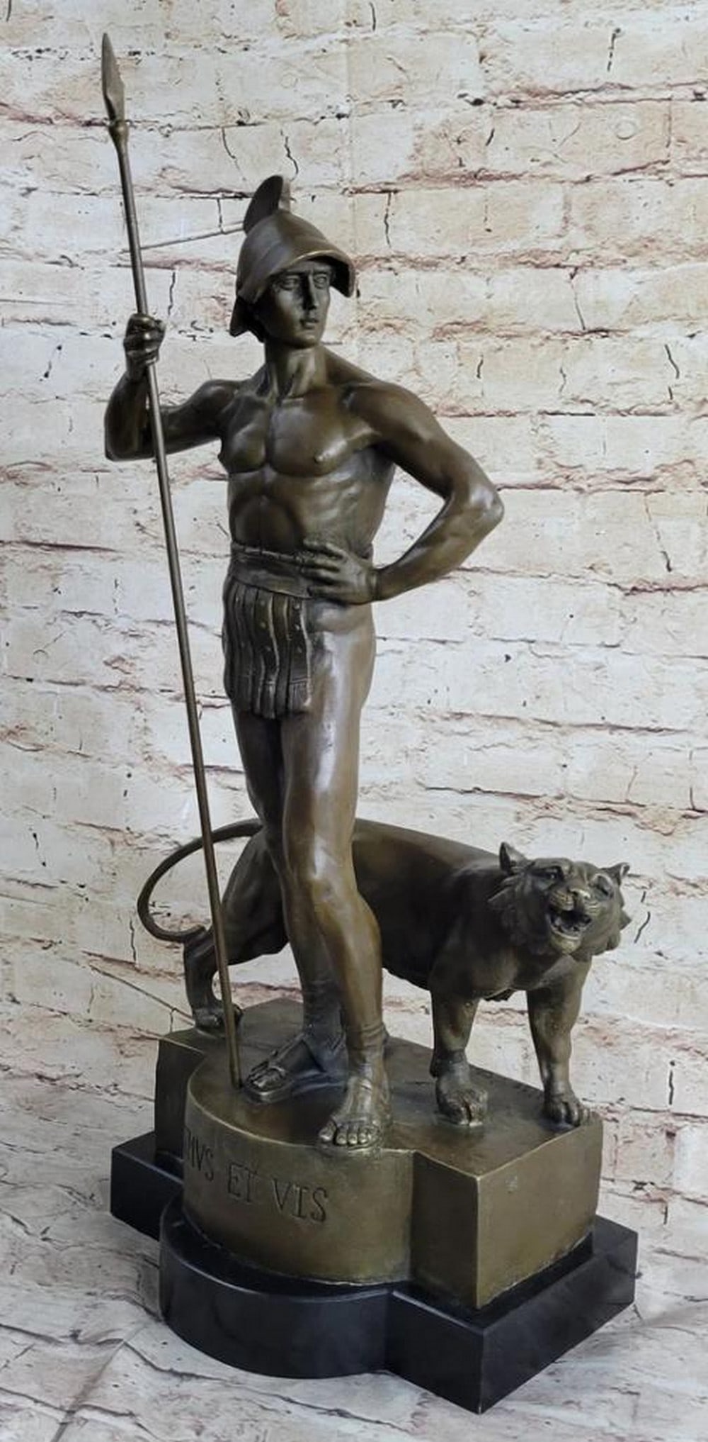 Roman Gladiator Warrior and Lion Signed Original Nude Bronze Sculpture on Marble Base - 21" x 13": Roman Gladiator Warrior and Lion Signed Original Nude Bronze Sculpture on Marble Base - 21" x 13" Marvel at the magnificence of the Roman warrior immortalized in this exquisite bronze sculptur