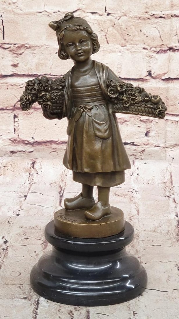 Young Girl Carrying Flower Basket Inspired Bronze Statue - 9.5" x 5": Young Girl Carrying Flower Basket Inspired Bronze Statue - 9.5" x 5" This signed bronze sculpture by Daste beautifully captures a young girl carrying a basket of flowers, evoking innocence a