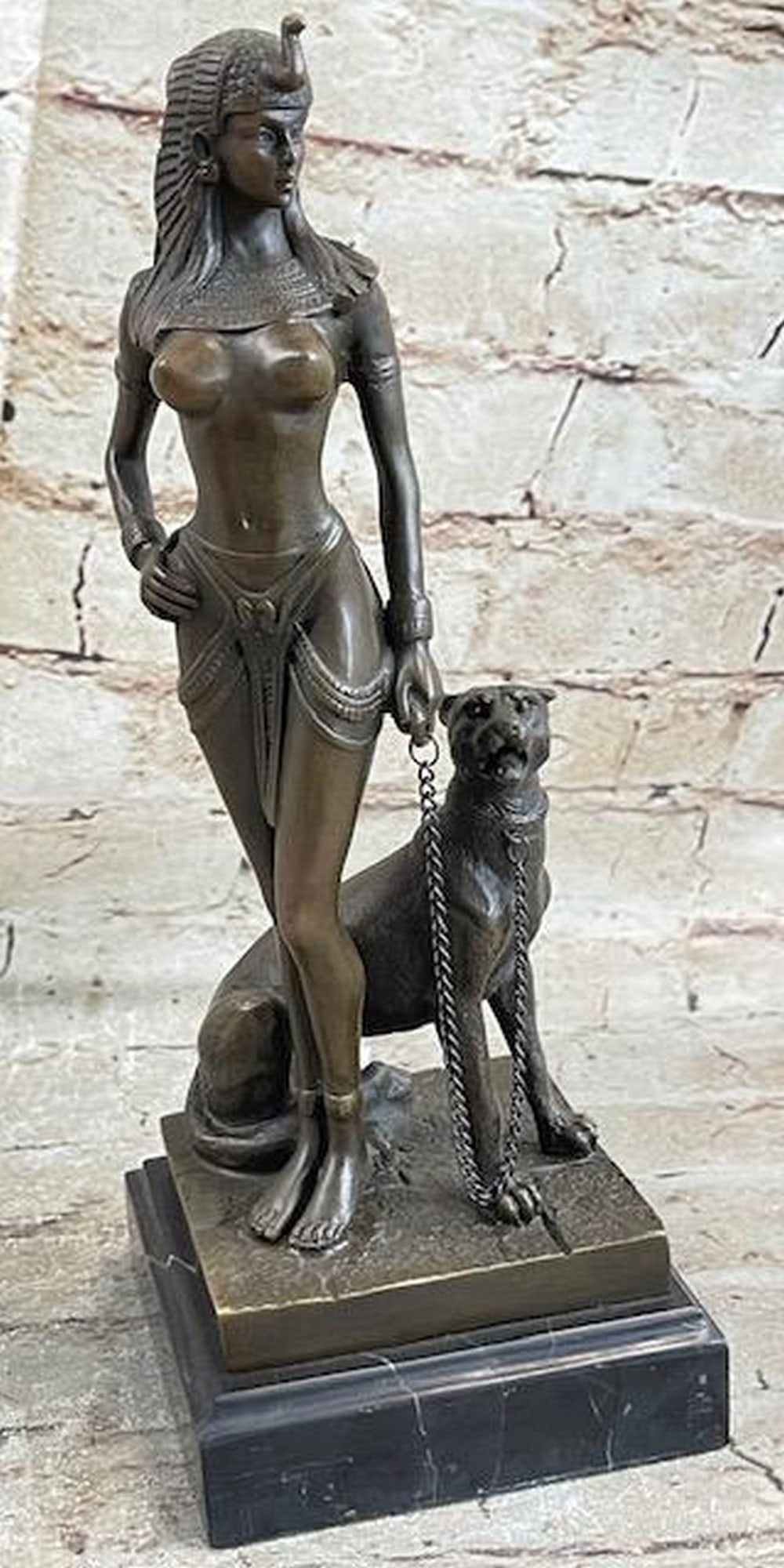 Art Deco Bronze Sculpture of Egyptian Queen Princess Semi Nude Figure w/ Panther: Art Deco Bronze Sculpture of Egyptian Queen Princess Semi Nude Figure w/ Panther Bronze Dimensions with Marble Base: Height 10 1/2 Inches x Width 4 Inches Marble Dimensions:4 Inches X 4 Inches Height