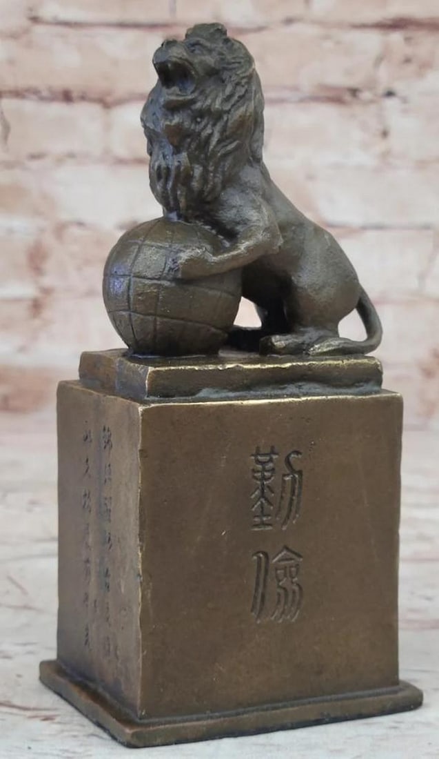Regius Palace Bronze Décor Chinese Guardian Lion & Earth Globe Sculpture - 6" x 3": Regius Palace Bronze Décor Chinese Guardian Lion & Earth Globe Sculpture - 6" x 3" Introducing a remarkable bronze sculpture capturing the essence of tranquility and spiritual grace. The