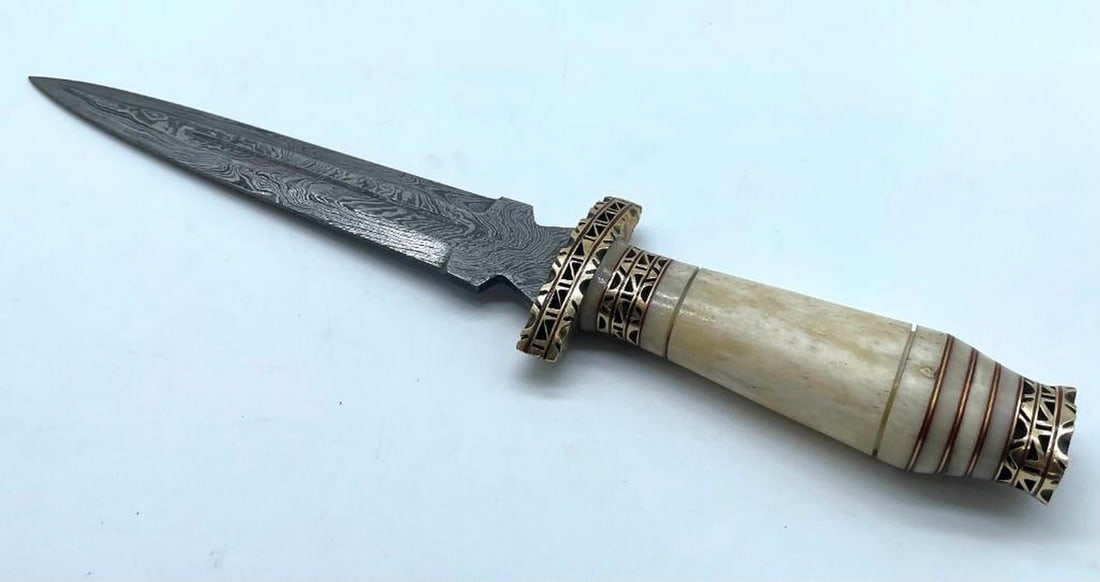 Bone Handled Damascus Shiv Point Dagger - 2