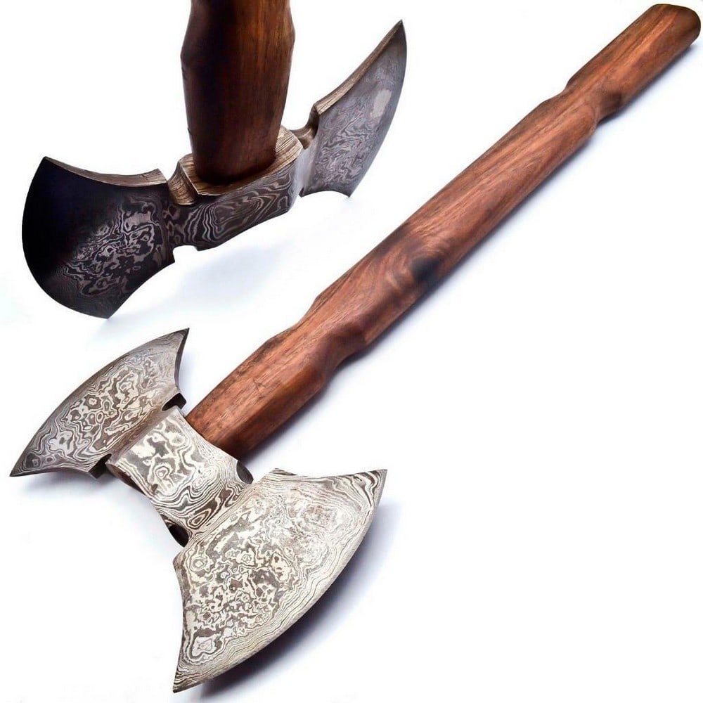 MARAUDERS HAND MADE DAMASCUS STEEL FORGED DOUBLE HEAD WAR AXE WITH ROSE WOOD HANDLE: For Auction Is A Stunning Handmade Marauders Damascus Double Headed WAR Axe Paired With a Handmade High Quality Genuine Leather Sheath. Each blade is created Using 256 Layers Of 1095 and 15N20