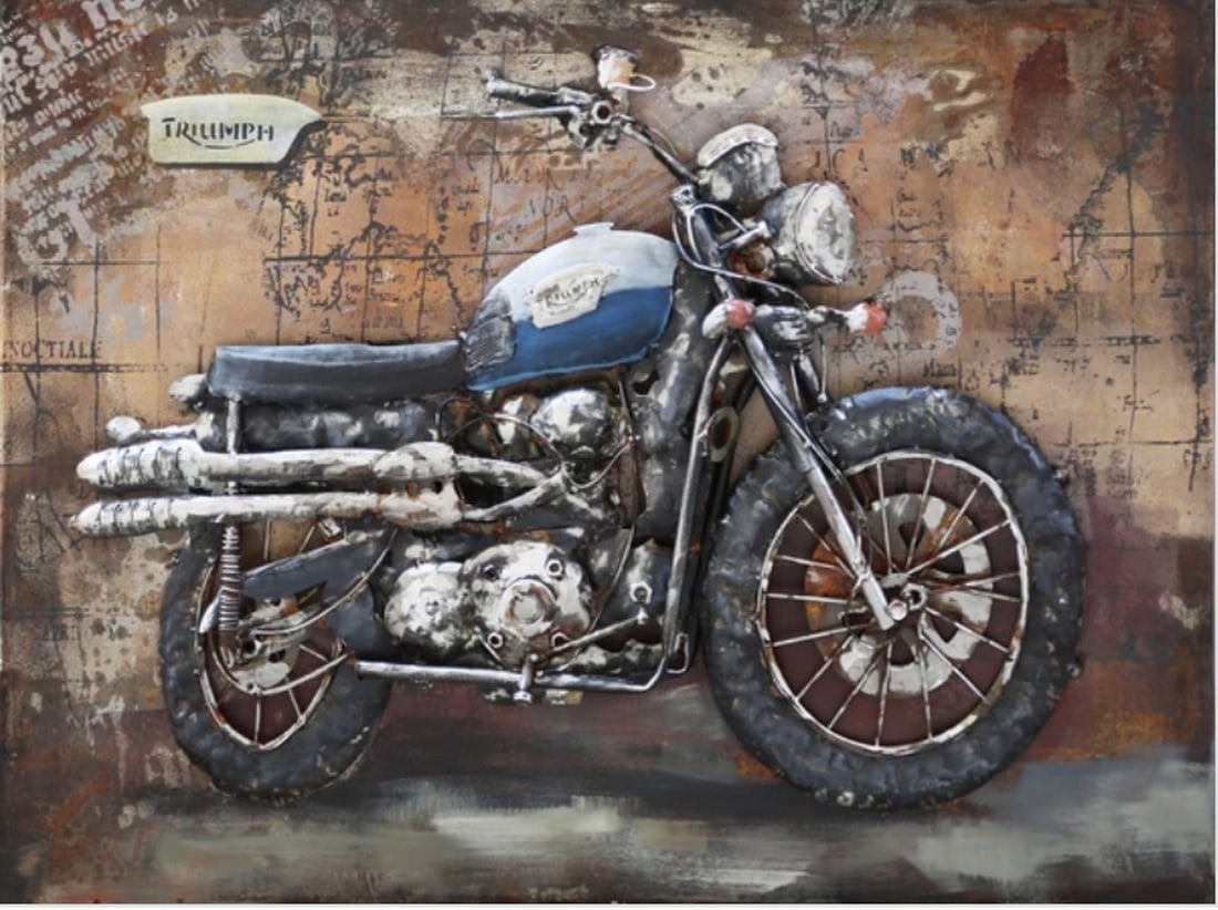 Hand Made Galvanized Harley Davidson Motorcycle Bike 3-D Oil Painting: Hand Made Galvanized Harley Davidson Motorcycle Bike 3-D Oil Painting. 3D UNIQUE METAL ART - Each piece involves complex craftsmanship; cutting, modeling, welding, aging treatment, anti rust treatmen