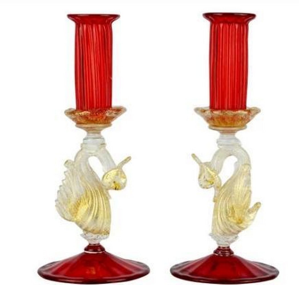 Murano Glass Red Candle Holders with Clear & Gold Swan Design: Murano Glass Red Candle Holders with Clear & Gold Swan Design. This exquisite set of two red candle holders is a stunning example of Murano glass artistry, designed to bring timeless elegance to
