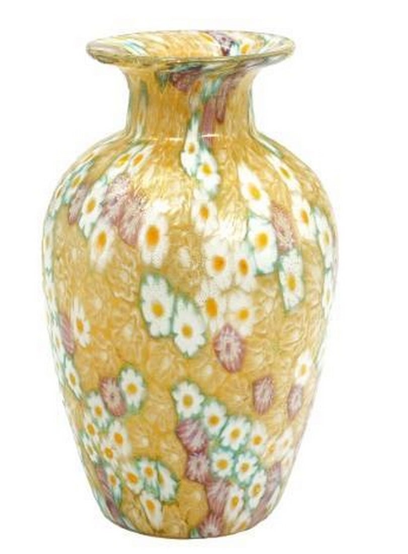 Floral Serenity Murano Glass Vase: Floral Serenity Murano Glass Vase This exquisite Murano glass vase blends soft yellow and cream tones with delicate white and pink flowers, creating an air of tranquility and elegance. The textured d