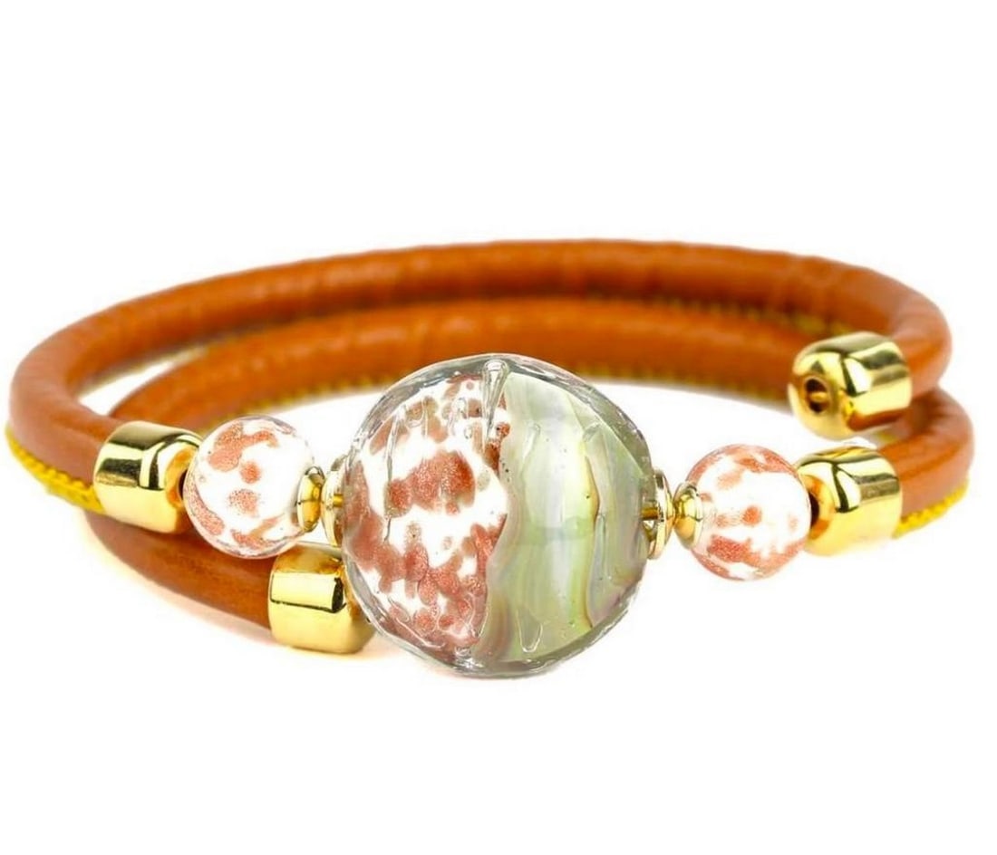 Copper Coloured Leather Murano Glass Bracelet: Copper Coloured Leather Murano Glass Bracelet This bracelet is the perfect accessory, it is classy and timeless yet modern. This bracelet can definitely be added to any outfit. Dimensions: 7.1"L
