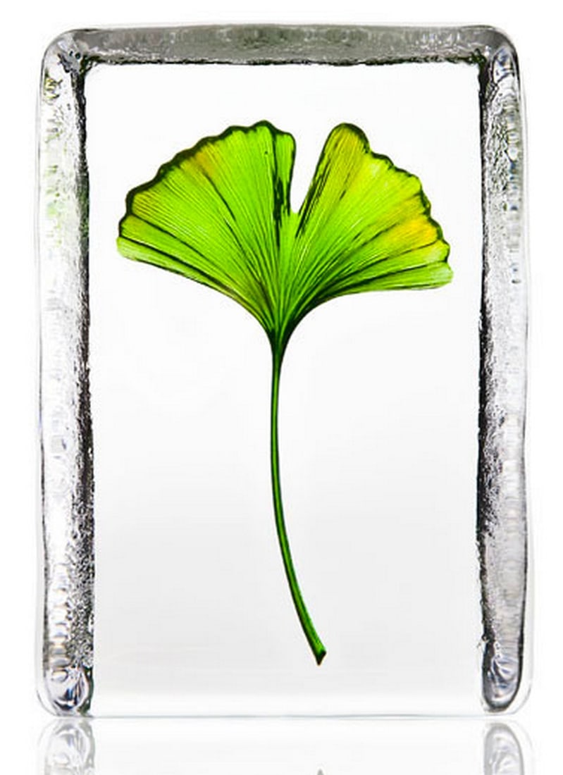 Ginkgo Crystal Statue: Ginkgo Crystal Statue Cast crystal sculpture with painted and sandblasted motif. Hand-painted using organic colors. Handmade in Sweden and signed on the bottom. Size: 4.5"H x 3"W View photo