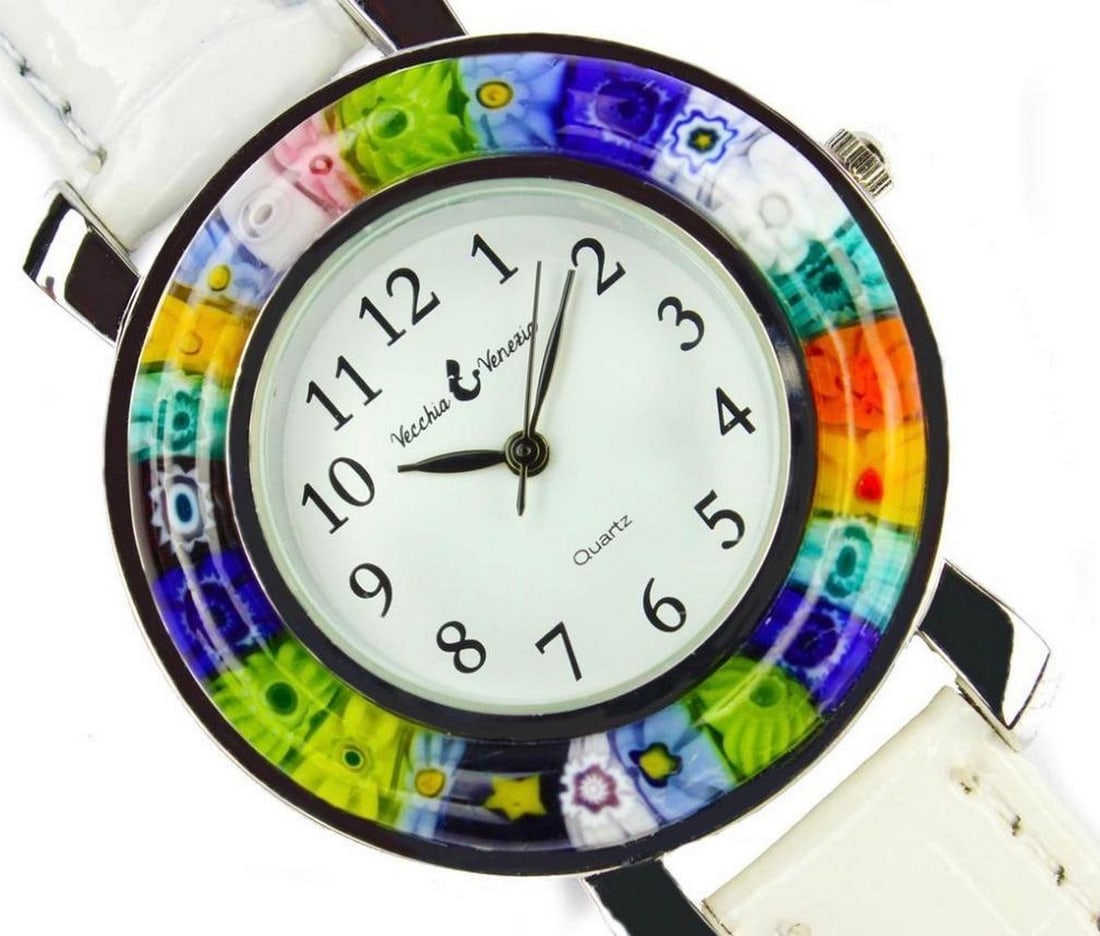 Millefiori White Leather and Murano Glass Watch: Millefiori White Leather and Murano Glass Watch Luxury and elegant unisex watch with millefiori to be dressed with your nighty dress code for an elegant evening. A perfect watch for a charmy man or f